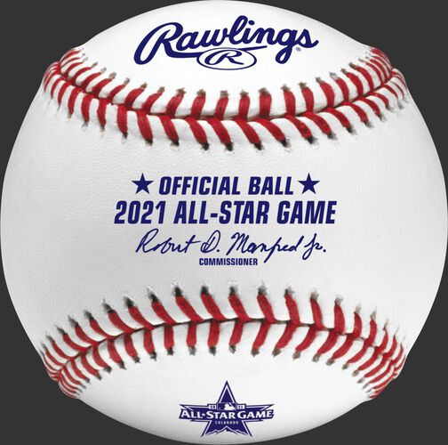 A 2021 Rawlings MLB commemorative All-Star game baseball with the 2021 ASG logo and red stitching - SKU: EA-ASBB21CR-R