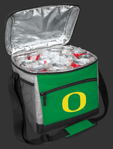 An open Oregon Ducks 24 can cooler filled with ice and drinks - SKU: 10223095111