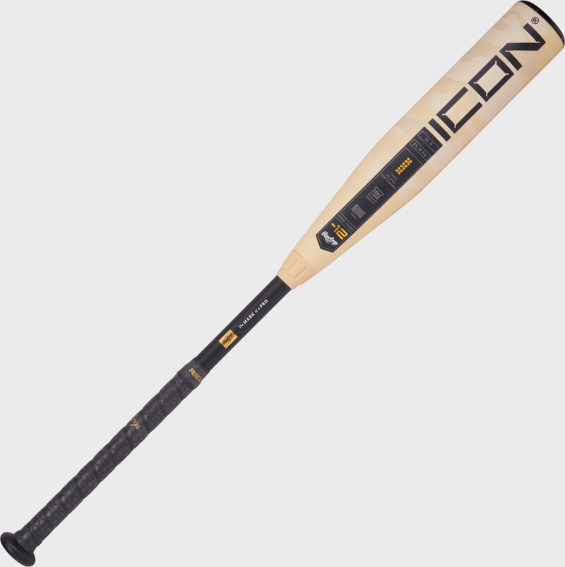 A tan/black 2025 Rawlings Icon -12 USA Baseball bat with the Icon logo on the barrel