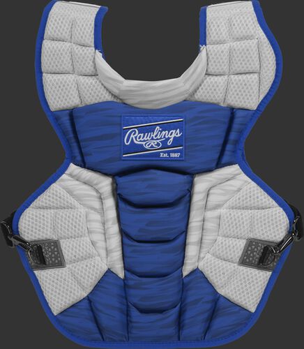A royal/white CPV2N Rawlings Velo 2.0 intermediate chest protector with a striped pattern