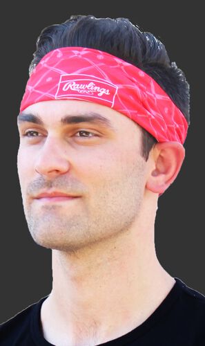 A guy wearing a red Rawlings multi-purpose neck gaiter as a head band - SKU: RC40005-600