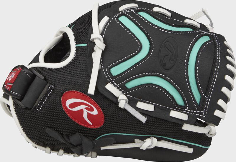 Thumb view of a black CL110BMT Champion Lite youth 11-inch infield glove with a black/mint Decorative X web