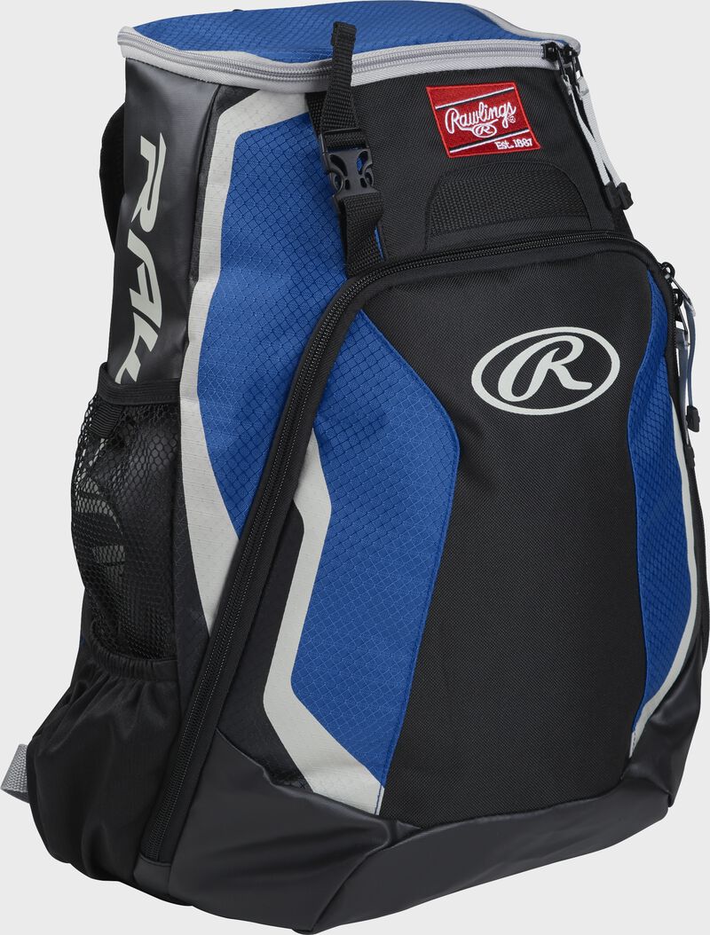 Right side of a black/royal R500 Rawlings Players equipment backpack with white trim