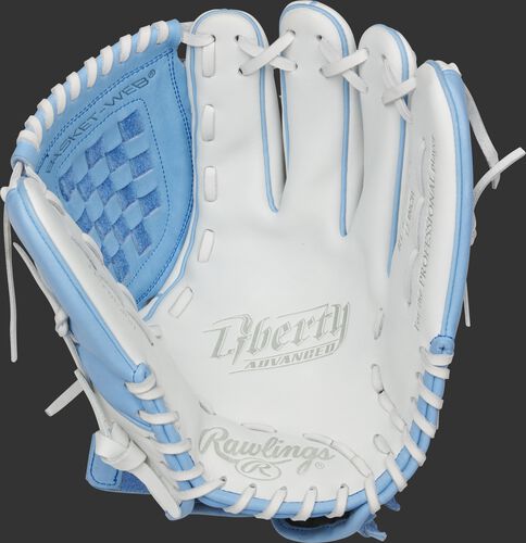 RLA120-3CB Rawlings Liberty Advanced Color Series glove with a white palm, columbia blue web and white laces