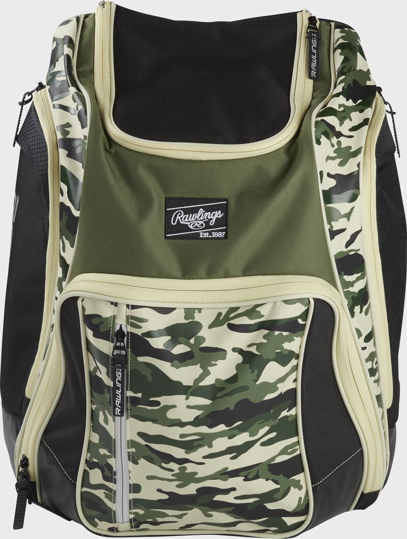 A camo Legion backpack with a black Rawlings patch on the front - SKU: LEGION-CAMO