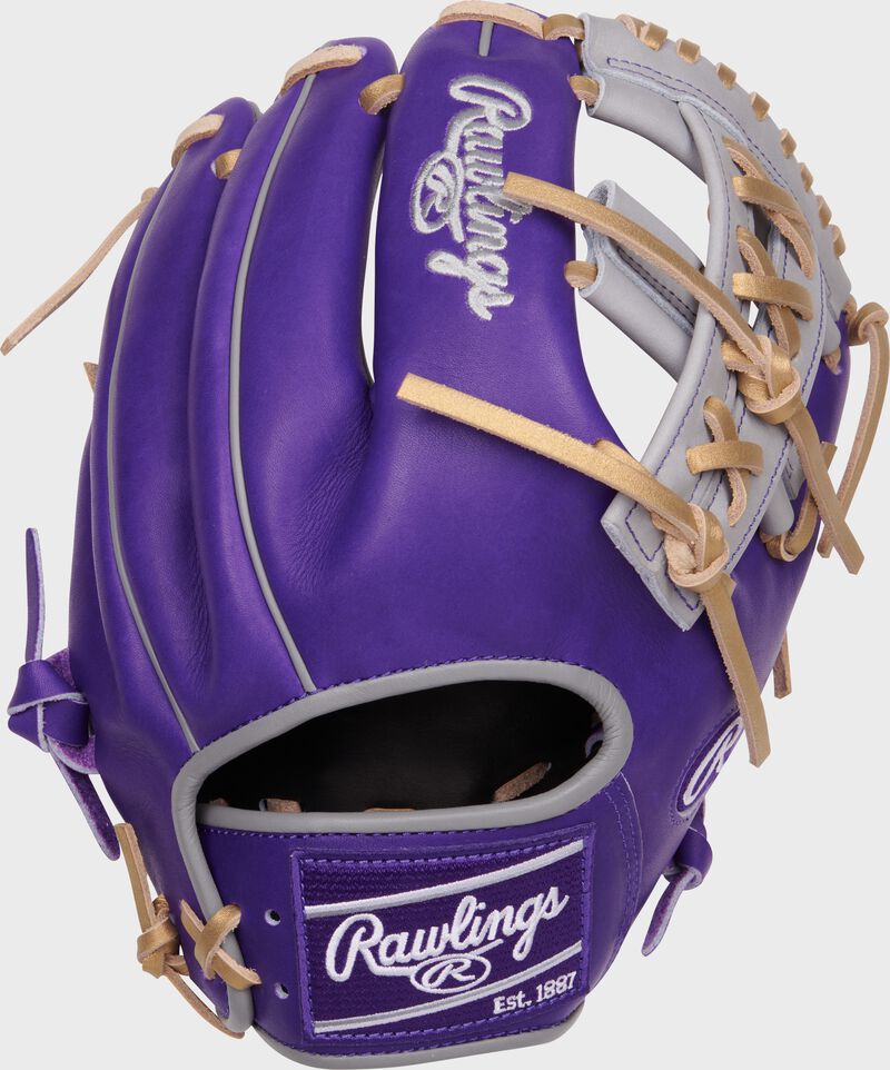 Purple back of a Heart of the Hide 11.5" infield glove with a purple Rawlings patch