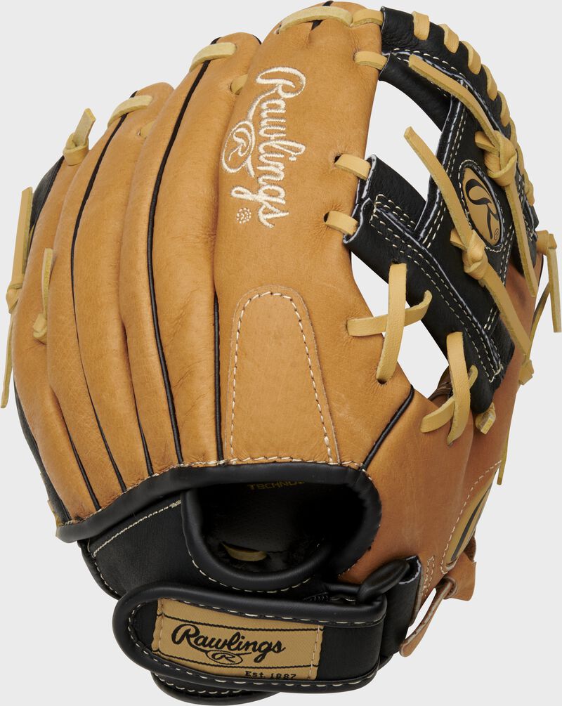 Back of a tan Sure Catch 10-Inch youth I-web glove with a tan Rawlings patch on the Velcro wrist strap - SKU: SC100TBI loading=