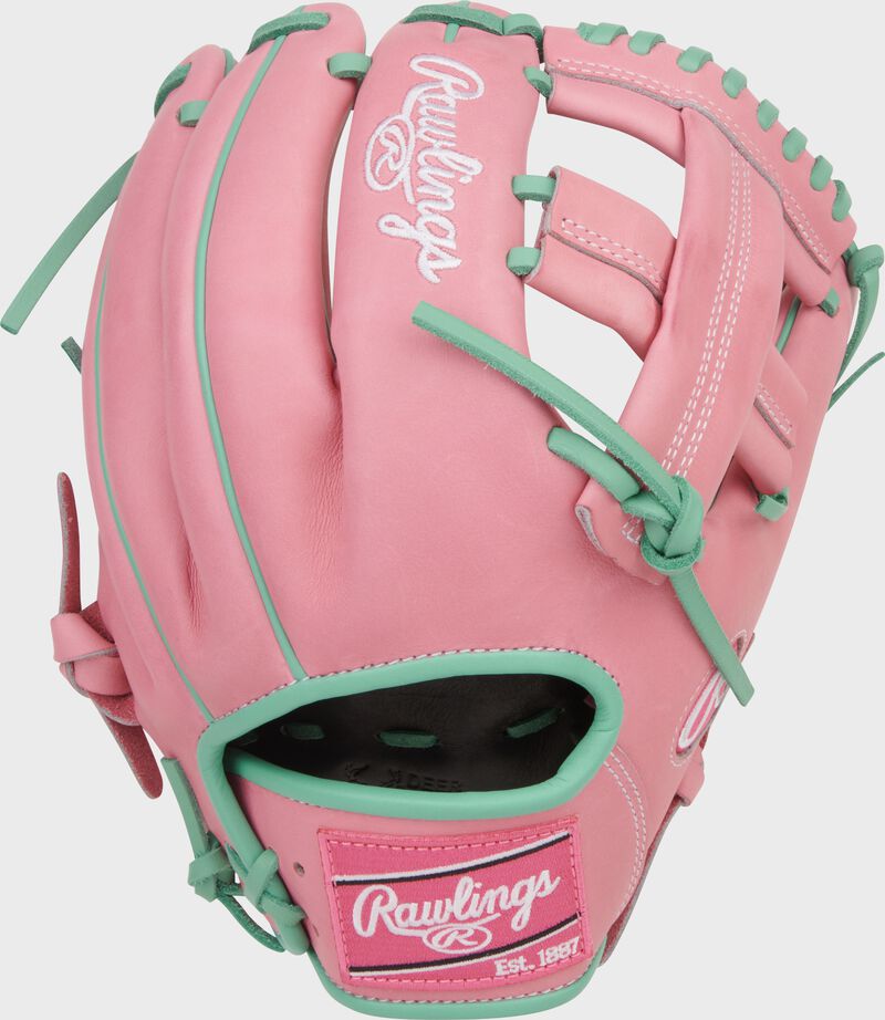 Back of a Rawlings Heart of the Hide 11.75-Inch Pink Infield Glove with a pink Rawlings patch