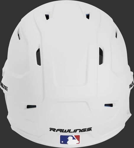 Back of a MACHEXTL high performance junior MACH helmet with a matte white shell and Official Batting Helmet of MLB logo