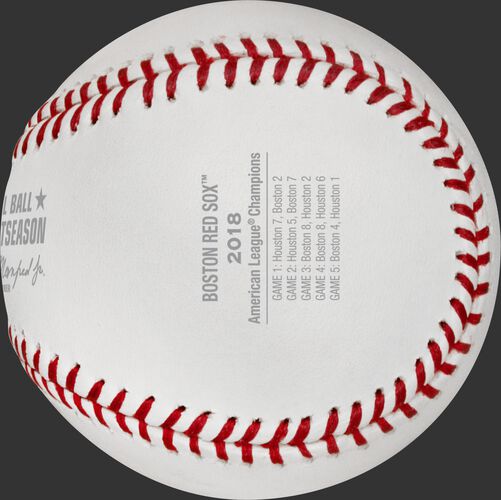 Game scores on the ALCS18CHMP baseball commemorating the Boston Red Sox American League Championship