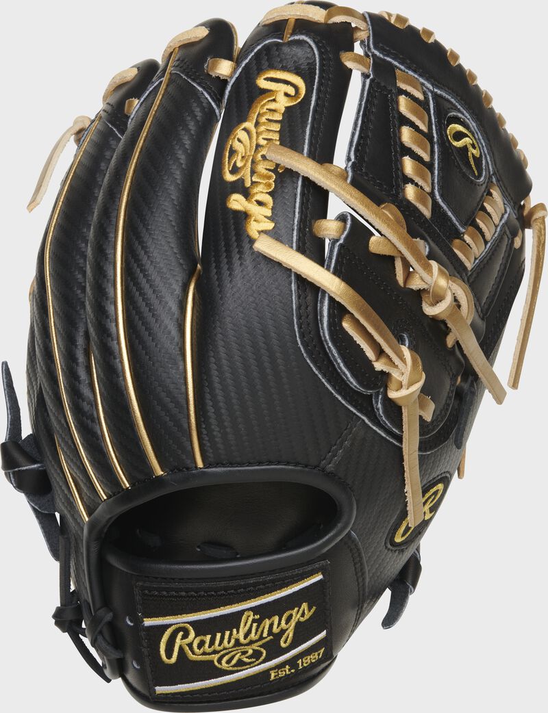 Black Hyper Shell back of a Heart of the Hide 11.75-Inch infield/pitcher's glove with a Black Rawlings patch - SKU: PROR205-30BG loading=