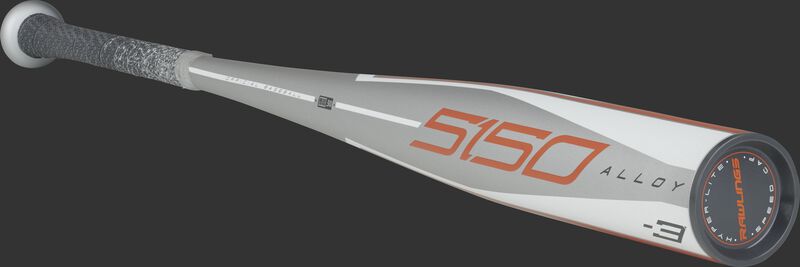 3/4 angle view of a BBZ53 2020 BBCOR 5150 baseball bat with a grey barrel and grey/orange end cap