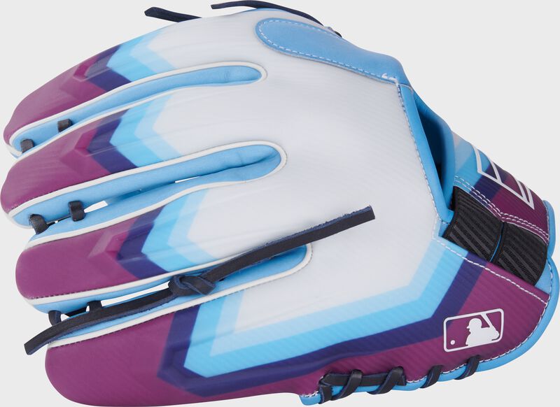 White/Columbia blue design REV1X back of a Rawlings REV1X infield glove with the MLB logo on the pinky