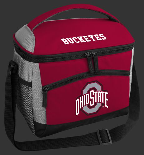 A red Ohio State Buckeyes 12 can soft sided cooler with a team logo on the front - SKU: 10123042111