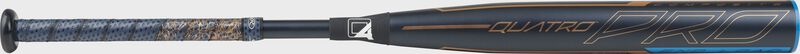 Barrel of a navy FPPE10 Rawlings Quatro Pro End-loaded softball bat with rose gold accents