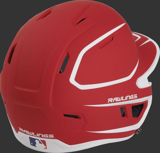 Back right of a two-tone matte scarlet/white MACH Rawlings senior size batting helmet