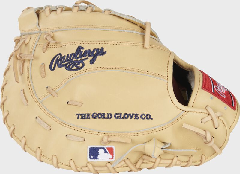 Back of a camel Evan White Gameday 57 Series Pro Preferred 1st base mitt with the MLB logo on the pinky - SKU: PROSFM18-17C