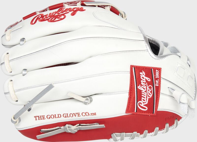 Back of a white Liberty Advanced Color Series 12-Inch glove with a red Rawlings patch - SKU: RLA120-3WSP