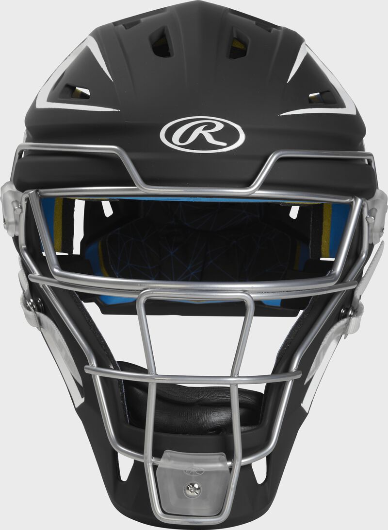 Front of a black/white CHMCHS Mach hockey-style senior catcher's helmet