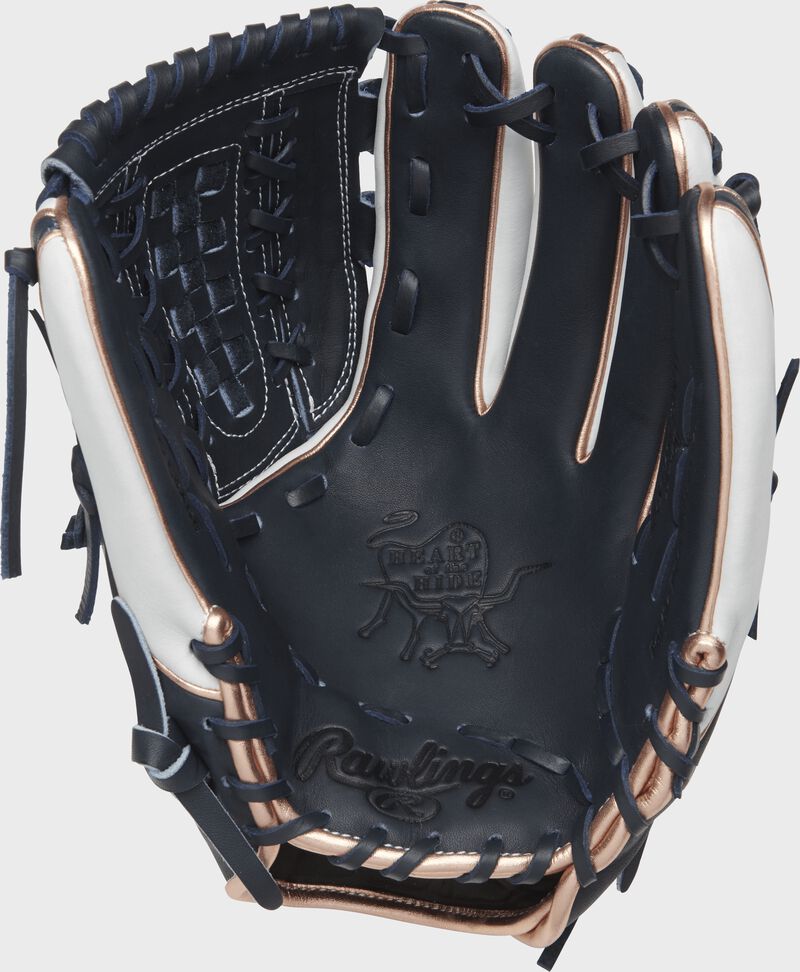 PRO716SB-18NW Rawlings 12-inch infield/pitcher's softball glove with a navy palm and navy laces loading=