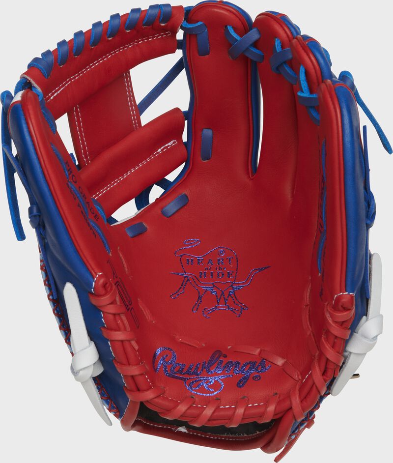 Scarlet palm of a Rawlings HOH R2G infield glove with royal palm stamp and royal laces - SKU: PROR204W-2SRW loading=
