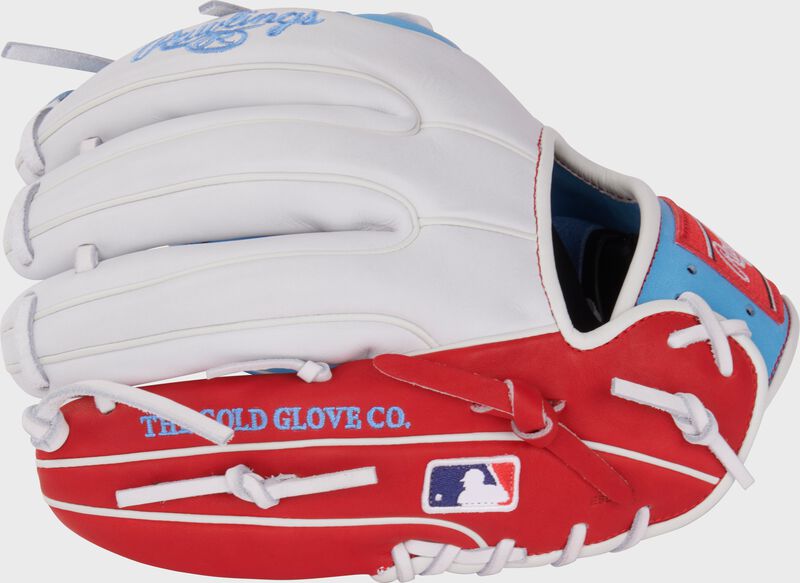 White/scarlet back of a Heart of the Hide R2G infield glove with the MLB logo on the pinky - SKU: PROR314-2CBW loading=