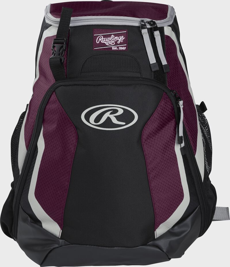Front of a black/maroon R500 Rawlings Players team backpack with a Rawlings patch and white Oval R