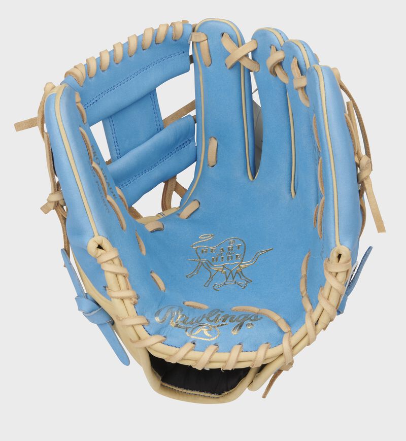 Columbia blue palm of a Rawlings Heart of the Hide infield glove with a columbia blue web and camel laces - SKU: PRO204W-2CBC