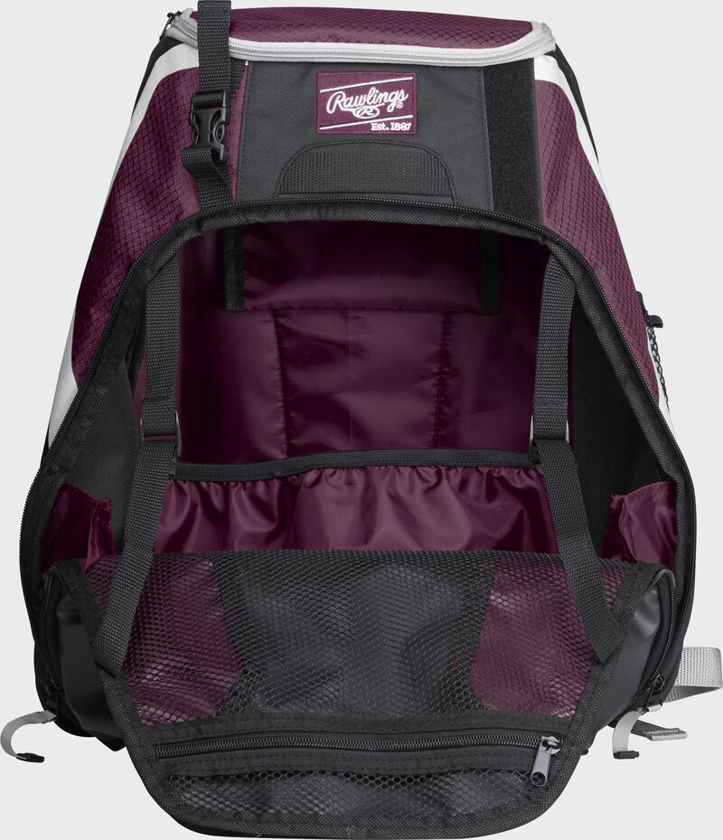 An open R500 Rawlings Players equipment backpack with maroon interior