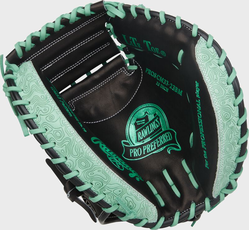 Palm of a black/mint Rawlings Pro Preferred 33-Inch Catcher's Mitt with mint stamping and laces