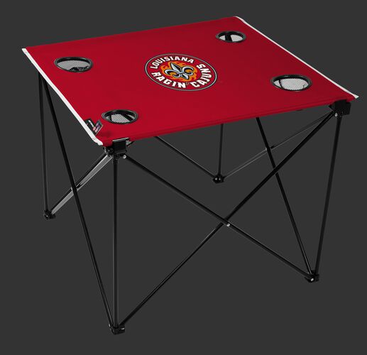 A red NCAA Louisiana Ragin' Cajuns deluxe tailgate table with four cup holders and team logo printed in the middle SKU #00713148111