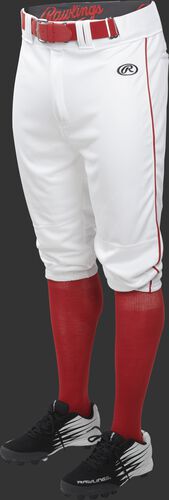 Front of Rawlings White/Scarlet Adult Launch Piped Knicker Baseball Pant - SKU #LNCHKPP-BG/B-88
