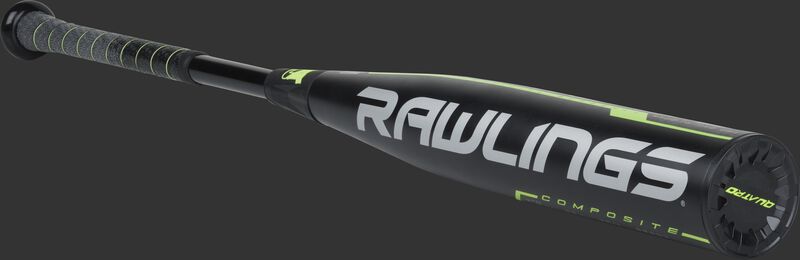 BB9Q3 Rawlings BBCOR baseball bat 3/4 angle view with green/grey accents