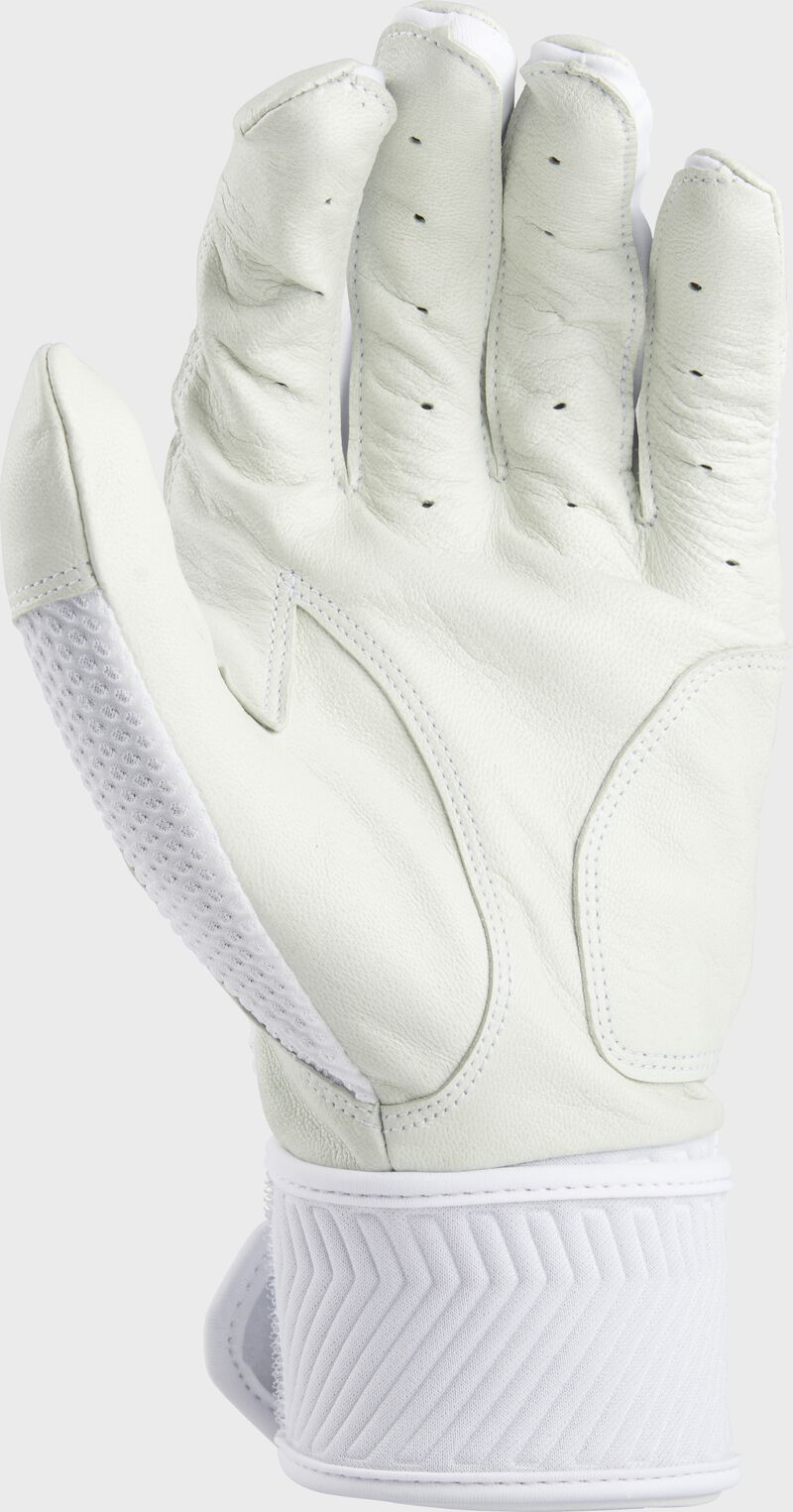White palm of a white Rawlings Workhorse compression strap batting glove - SKU: WH2CBG-W