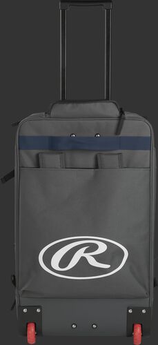 Back of a grey/navy R1801 wheeled catcher's equipment backpack with a large, white Oval R logo and red wheels