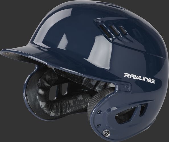 Left angle view of a R1601 gloss Velo helmet with a navy clear coat shell