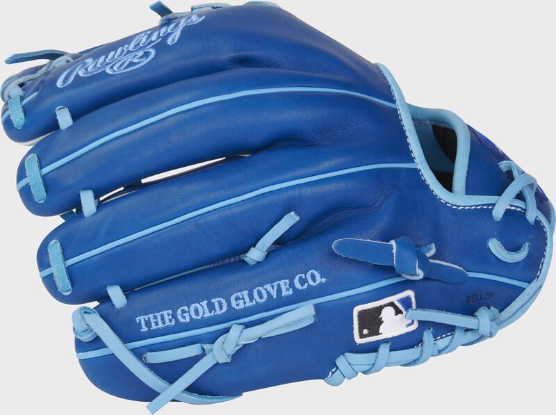 Blue back of a Rawlings Heart of the Hide R2G 11.5" ContoUR fit glove with the MLB logo on the pinky - SKU: RSGRPROR204U-2CBR