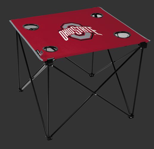 A red NCAA Ohio State Buckeyes deluxe tailgate table with four cup holders and team logo printed in the middle SKU #00713042111