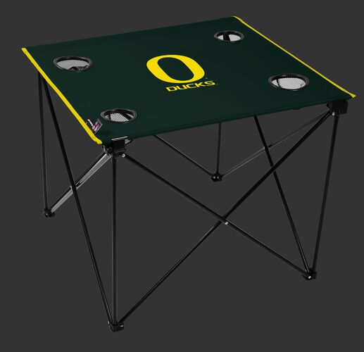 A green NCAA Oregon Ducks deluxe tailgate table with four cup holders and team logo printed in the middle SKU #00713095111