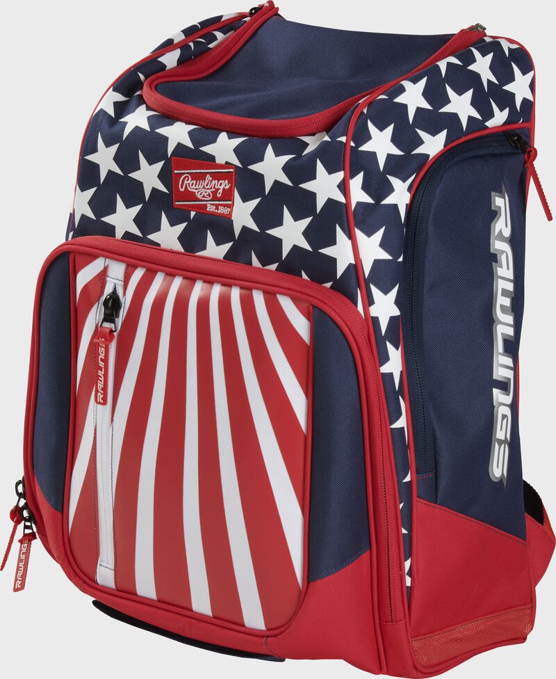 Angled view of red, white, and blue Rawlings Legion Backpack - SKU: LEGION