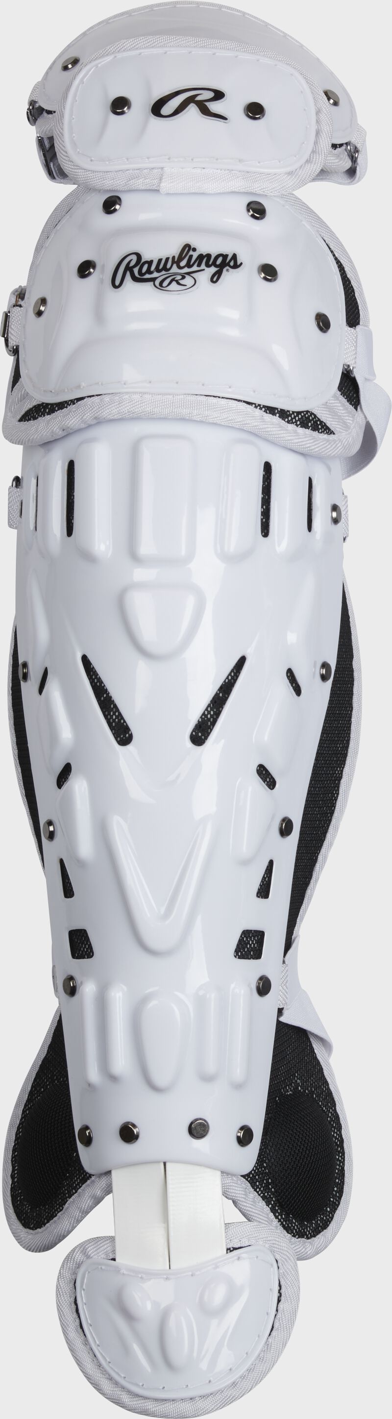 Front of a white/black Velo leg guard