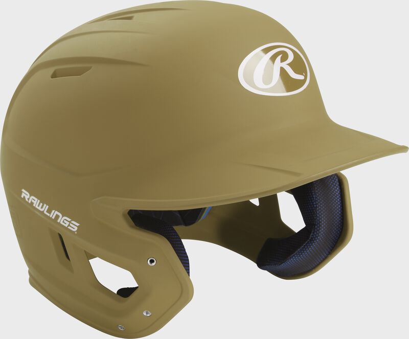 Right angle view of a matte MACH batting helmet with a Vegas gold shell