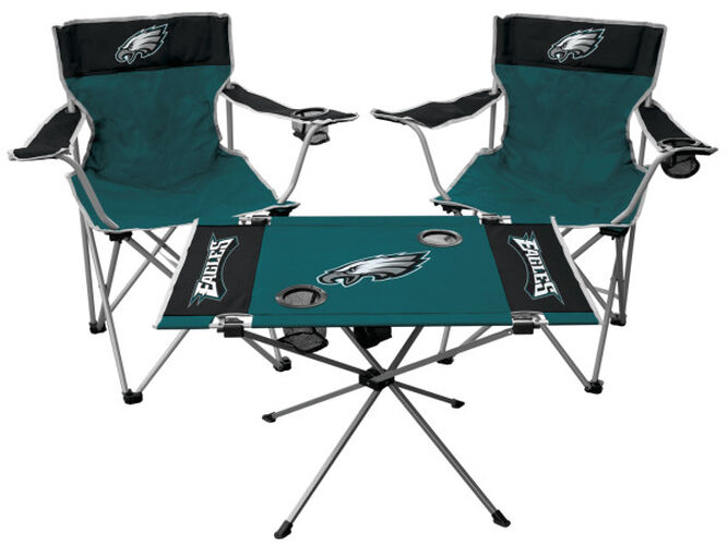 Front of Rawlings Green and Black NFL Philadelphia Eagles 3-Piece Tailgate Kit With Two Kickoff Chairs, An Endzone Table, And A Transport Bag With Team Logo SKU #01041080511