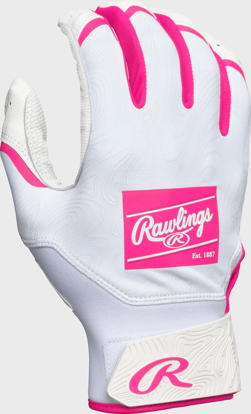 Back of a pink Clout batting glove