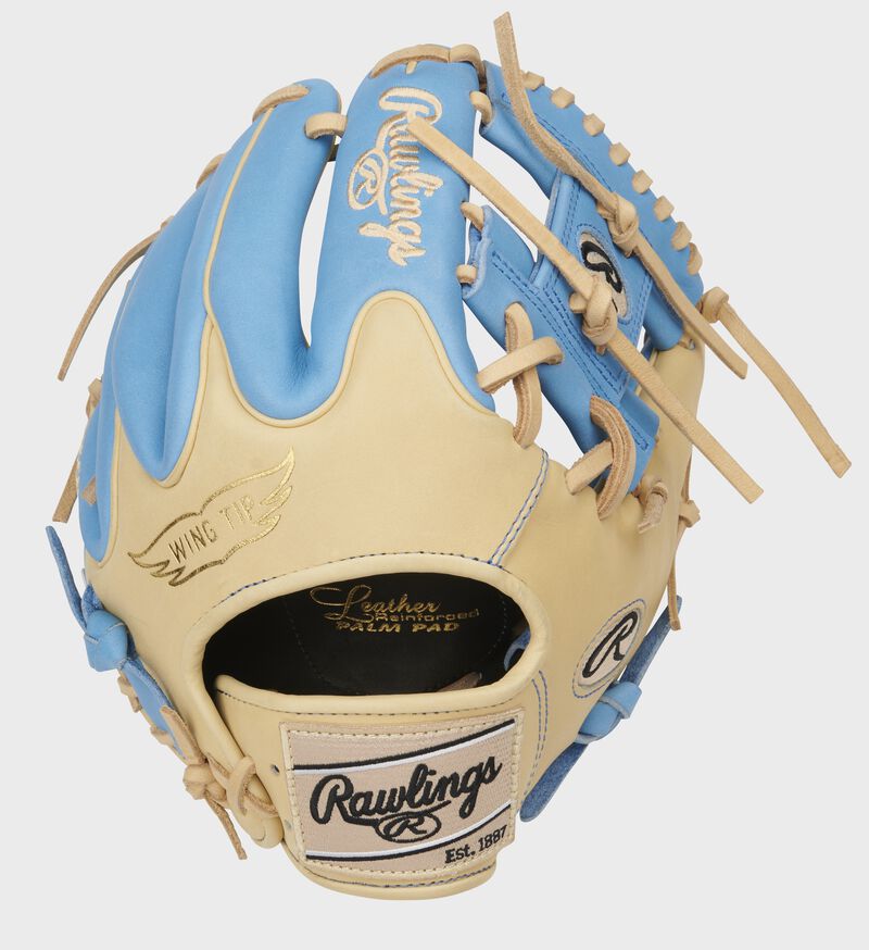 Camel Wing Tip back of a Heart of the Hide I-web glove with columbia blue finger backs - SKU: PRO204W-2CBC