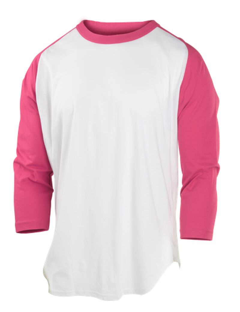 A white Rawlings youth 3/4 sleeve baseball shirt with pink sleeves - SKU: ACABC34-PK
