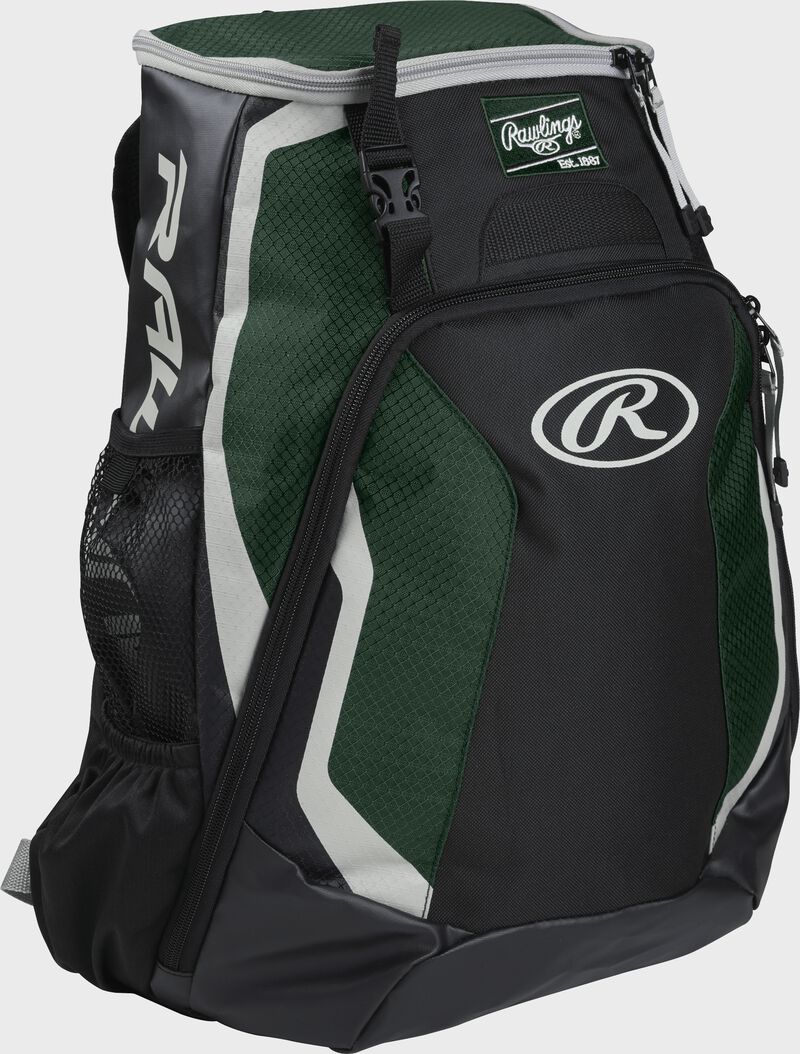 Right side of a black/dark green R500 Rawlings Players equipment backpack with white trim