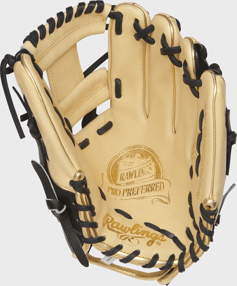 Palm view of a PROSNP5-2CBG Pro Preferred baseball glove with a camel palm and black laces