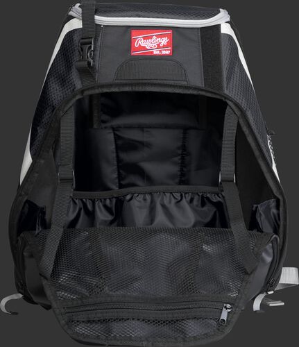 An open R500 Rawlings Players equipment backpack