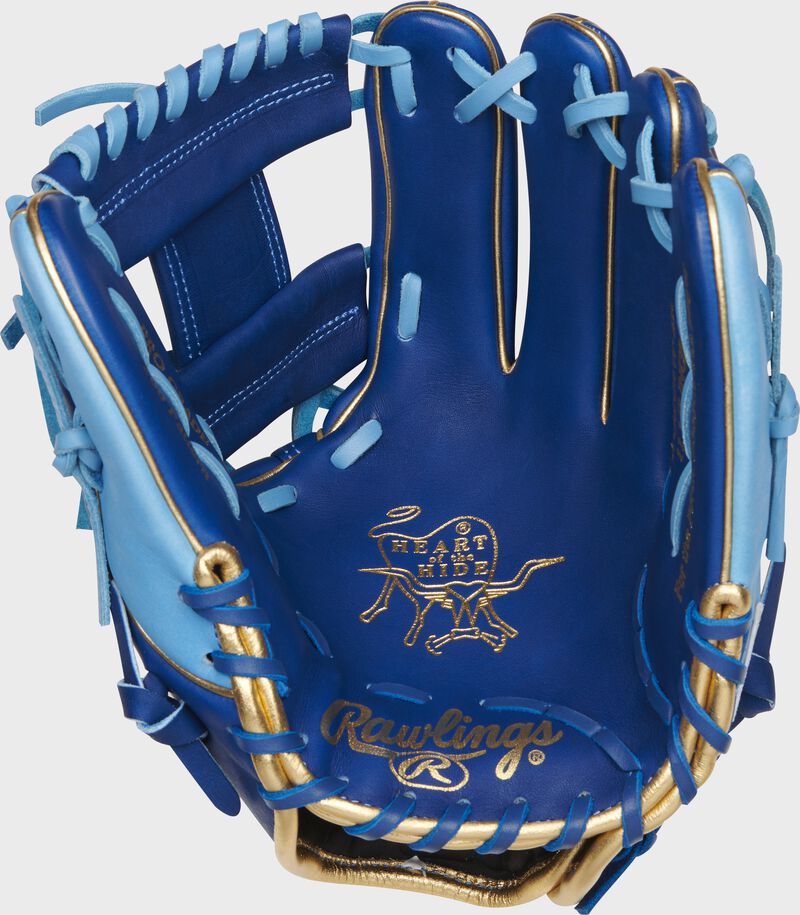 Royal palm of a Rawlings Heart of the Hide infield glove with a gold palm stamp and columbia blue laces - SKU: PRO204W-2R